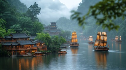 Obraz premium Serene Dawn/Dusk Mountain Scene: Glowing Asian-Style Sailboats on Calm Water, Lit Wooden Buildings & Misty Peaks