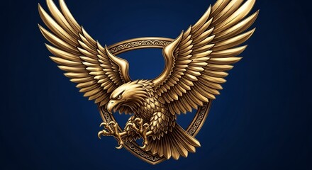 Golden Eagle with Spread Wings and Claws in Front of Ornate Shield on Dark Blue Background