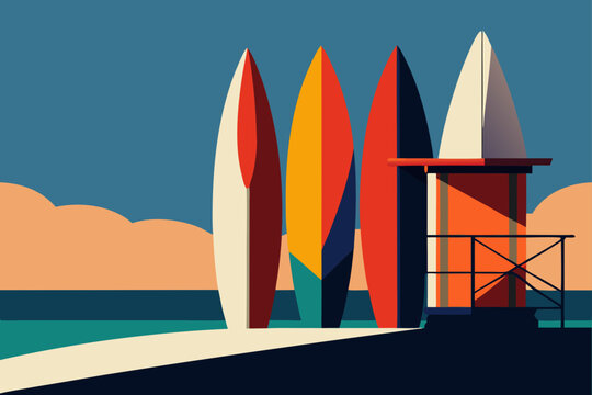 Colorful surfboards stand in a row next to a lifeguard tower on a sunny beach with calm ocean waves and a clear blue sky