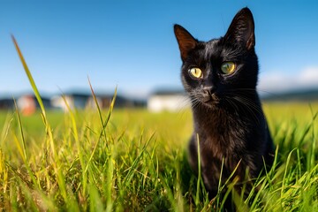 Black cat sitting on green grass under blue sky.
