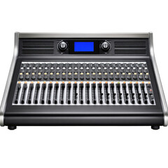Professional Audio Mixing Console with Faders, Knobs, and Digital Display for Sound Design and Audio Production