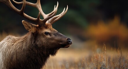 Fototapeta premium Elk In Velvet. Majestic Bull Elk with Grooved Antlers in Autumn Profile