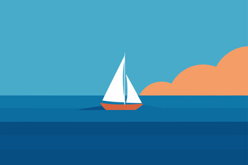 Naklejka premium Minimalist illustration of a sailboat with white sails on a calm blue ocean with an orange cloud formation in the distance