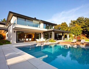 Fototapeta premium Modern luxury house with a swimming pool and wooden deck, surrounded by a lush green garden on a sunny day.