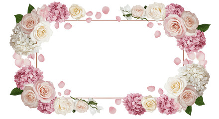 Elegant floral frame with roses and hydrangeas, perfect for wedding invitations, greeting cards, and romantic designs, beautiful and delicate. png isolated 