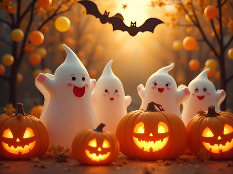 A whimsical Halloween with smiling jack-o'-lanterns, friendly white ghosts, festive balloons. - Powered by Adobe