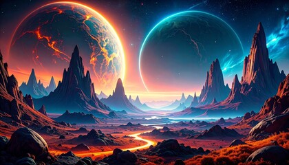 Celestial Duality: Fire and Ice Planets Over a Jagged, Molten Landscape