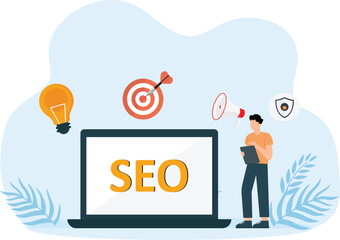 Laptop computer, digital tablet, and mobile phone showing SEO word on the screen concept
