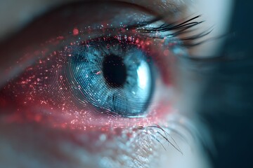 Human eye scanned with holographic biometric technology and digital interface.