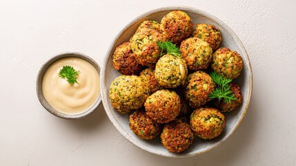 Falafel Tahini. Delicious Fried Food: Chickpeas Falafel with Creamy Tahini Sauce on a Plate