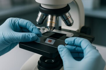 Gloved hands carefully position a microscope slide containing a sample onto the stage of a microscope, ready for scientific observation