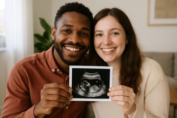 Smiling couple joyfully holding their sonogram image, eagerly anticipating the arrival of their first child and embracing parenthood together