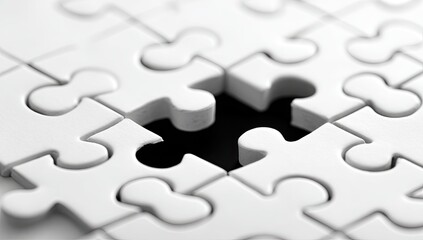 Fototapeta premium Close-up of a white jigsaw puzzle with one missing piece