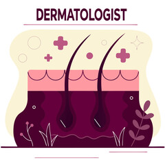 Dermatologist Concept &ndash; Dermatology Specialist, Face Skin and Acne Treatment, Beauty and Health Care, Skin Epidermis Scheme Cartoon Vector Illustration
