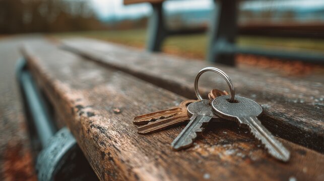 Finding Keys. Lost and Found Bunch of Keys Forgotten on Metal Bench Outdoors
