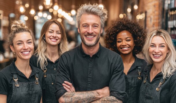 Smiling baristas and manager posing in coffee shop