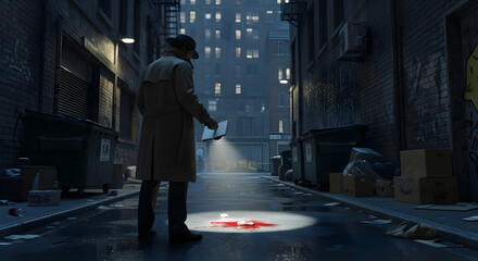 A detective in a trench coat shines a flashlight on a bloodstain in a dark, wet alleyway at night.