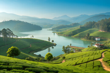 Panoramic Lake View Surrounded by Scenic Tea Plantations