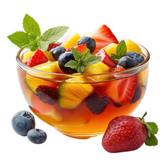 Fresh fruit salad with strawberries blueberries mango and mint in a glass bowl perfect for a healthy dessert or snack on a summer day on transparent background