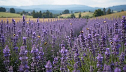 Naklejka premium Busy Bees Pollinating a Vibrant Lavender Field with Rolling Hills Beyond
