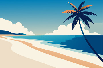 Fototapeta premium Stylized illustration of a tropical beach with a single palm tree and calm blue ocean waves under a clear sky with fluffy clouds
