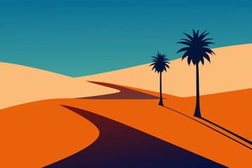 Stylized desert landscape with winding road and palm trees under a teal sky