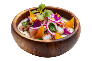Oka Ia ceviche with raw fish, herbs, onions, and chili served in wooden bowl isolated on white transparent background, concept of traditional Polynesian cuisine