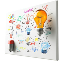 Lightbulbs and sketches on a whiteboard represent creative ideas brainstorming and innovative thinking for business education and problemsolving on transparent background