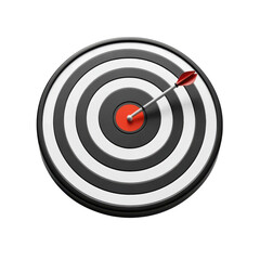 Arrow hitting the bullseye of a target with concentric black and white rings symbolizing accuracy focus and achievement on transparent background