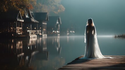 Ethereal Bride Standing by Calm Lake at Dawn in Misty Forest Scene