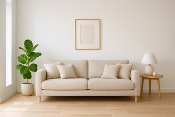 Modern and minimalist living room with beige sofa, fiddle leaf fig, blank frame, lamp and coffee table
