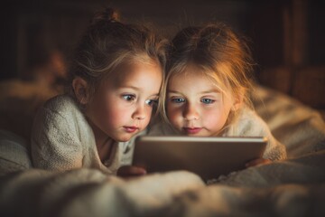 Friends iPad. Smart Kids Enjoying Technology on Tablet, Sisters Playing Happily in Bed