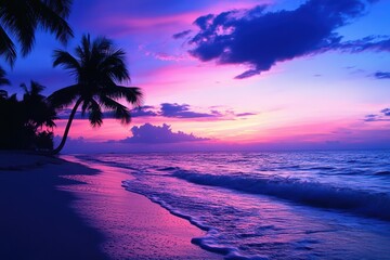 Purple sunset over tropical ocean beach
