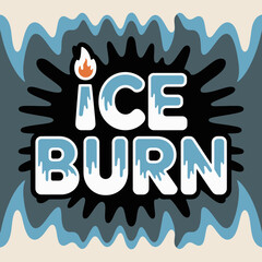 Dynamic graphic design featuring the words ice burn in a bold stylized font with a fiery flame accent and a frosty icy texture against a backdrop of wavy blue and grey abstract shapes
