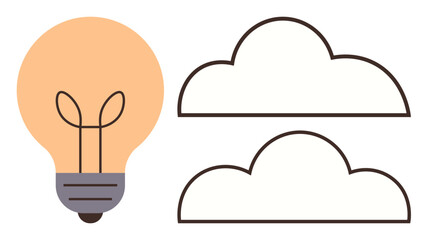 Lightbulb with growing plant inside next to two clouds. Ideal for sustainability, green energy, environmental ideas, creativity, innovation, brainstorming, modern eco-solutions. A simple flat