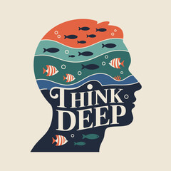 Creative illustration of a human head silhouette filled with a vibrant underwater scene and the words think deep symbolizing depth of thought and imagination