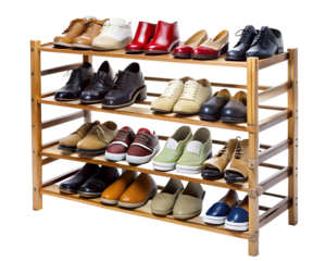 Wooden shoe rack with various types of footwear isolated on transparent background
