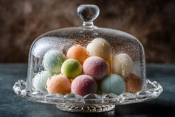 Pastel mochi ice cream balls arranged under glass dome dessert display.