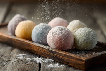 Pastel mochi dessert balls arranged on wooden tray with soft powder coating.