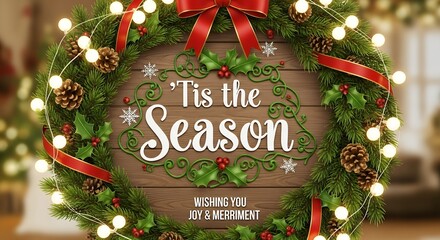 Decorative Green Christmas Wreath with Red Ribbon and Lights on Wooden Background for Holiday Greeting