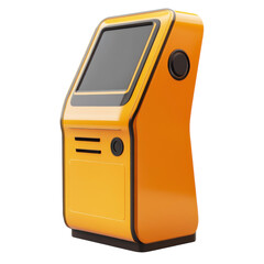 Bright orange interactive kiosk with a blank screen perfect for wayfinding information or advertising in a modern minimalist space on transparent background