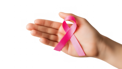 Hand shows pink ribbon for breast cancer, created with AI, PNG