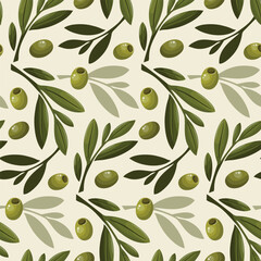 Seamless pattern green olive branch decor. Green olive branch with leaves white background. Italian and Greek cuisine element.