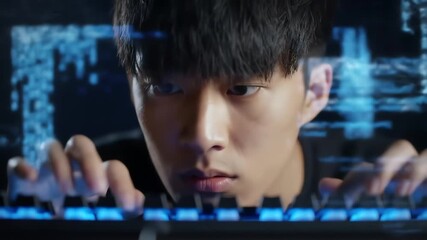 Intense Asian male programmer typing on a keyboard with futuristic digital code overlay animation - Powered by Adobe