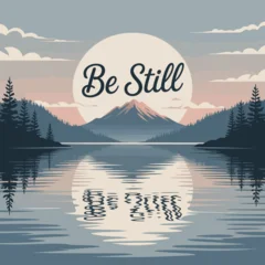 Fototapeten Positive Typografie Serene mountain lake landscape with a large full moon and the inspiring phrase be still reflected in the calm water  © Ultimate