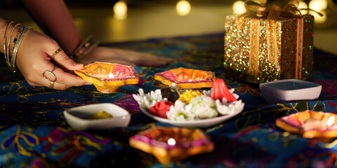 Diwali rituals. Hand placing decorative diyas on a festive table with sweets.