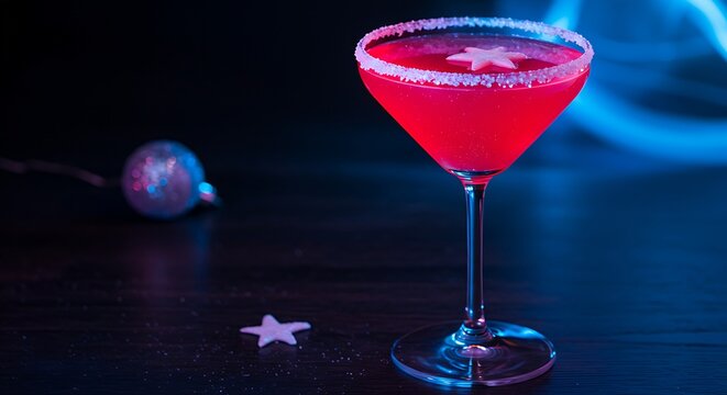 Gold and Ruby cocktail, with edible gold leaf flakes and a few shiny red candied cranberries floating in a clear martini glass. The glass is on a dark, reflective surface, creating a sense of opulence