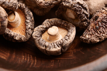 Nutritious dried shiitake mushrooms. Edible Asian ingredient.