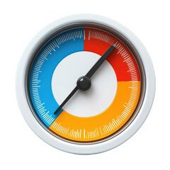 Gauge displaying blue red and orange sections with a black needle indicating status or measurement on a white and silver circular device on transparent background