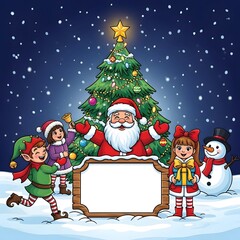 Christmas Cartoon Illustration with Santa, Elves, Tree, and Snowy Wooden Signboard